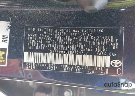 2022 Toyota Corolla Le из США, поврежденный, VIN 5YFEPMAE8NP321767